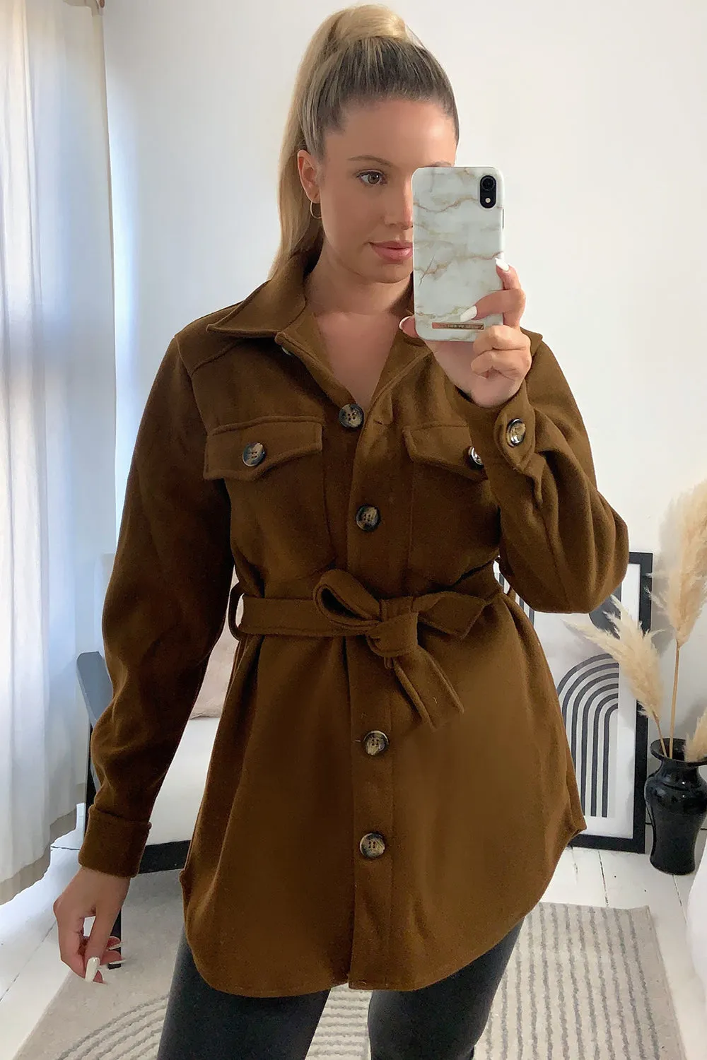 Saylar Brown Belted Oversized Cargo Shacket