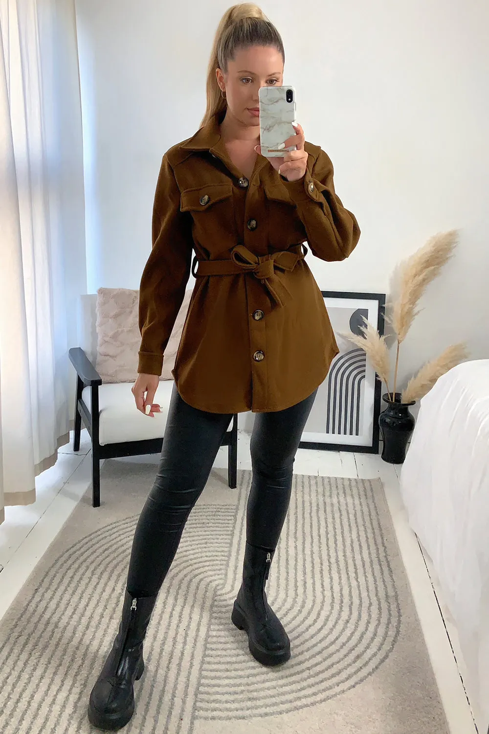 Saylar Brown Belted Oversized Cargo Shacket
