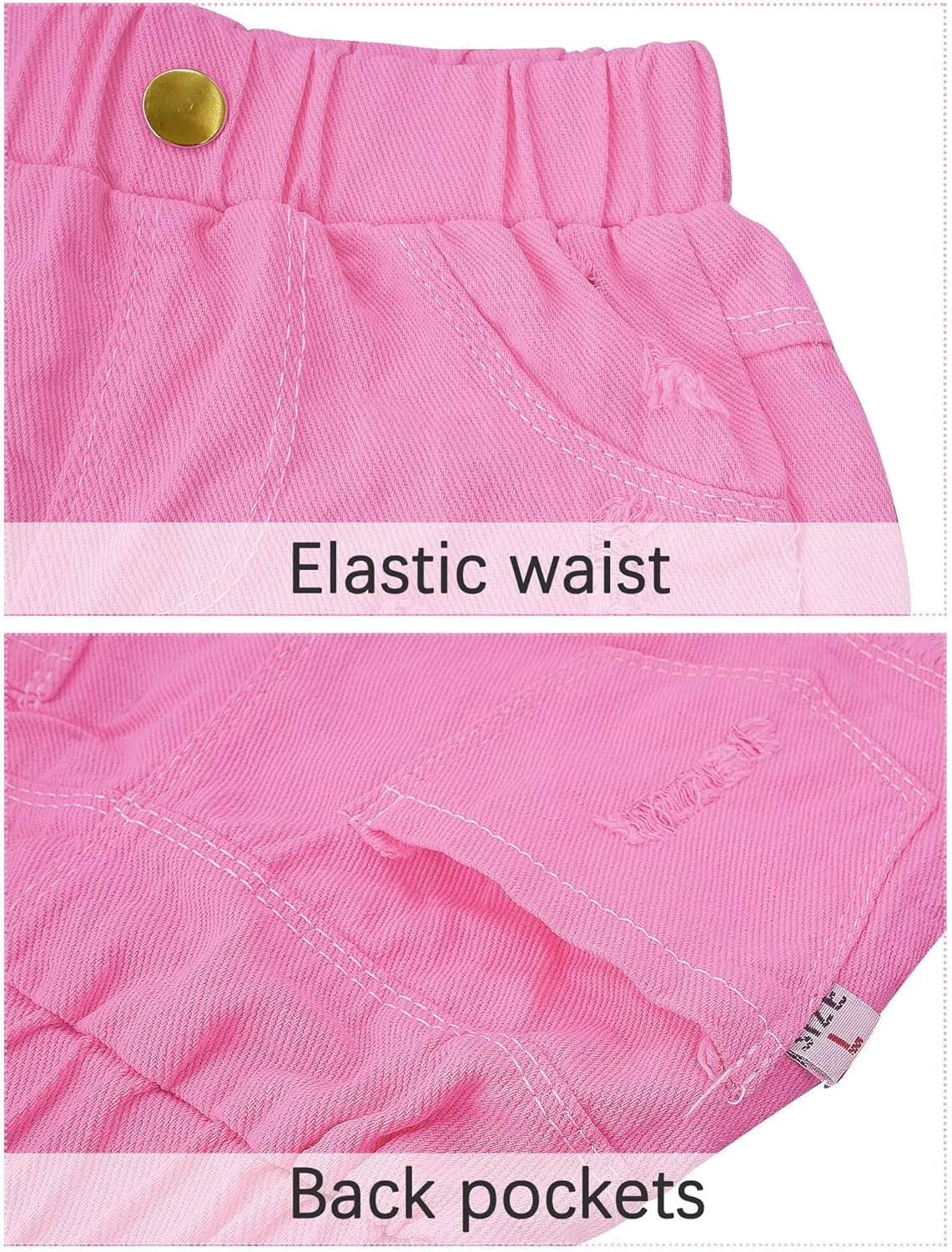 SEAUR Girls Ripped Raw Hem Denim Shorts Elastic Waist Straight Leg Jean Shorts Casual Summer Skort