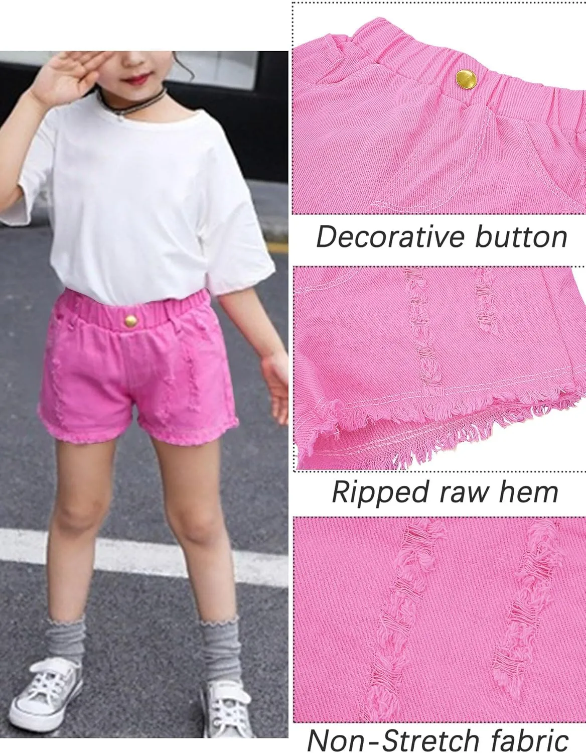 SEAUR Girls Ripped Raw Hem Denim Shorts Elastic Waist Straight Leg Jean Shorts Casual Summer Skort