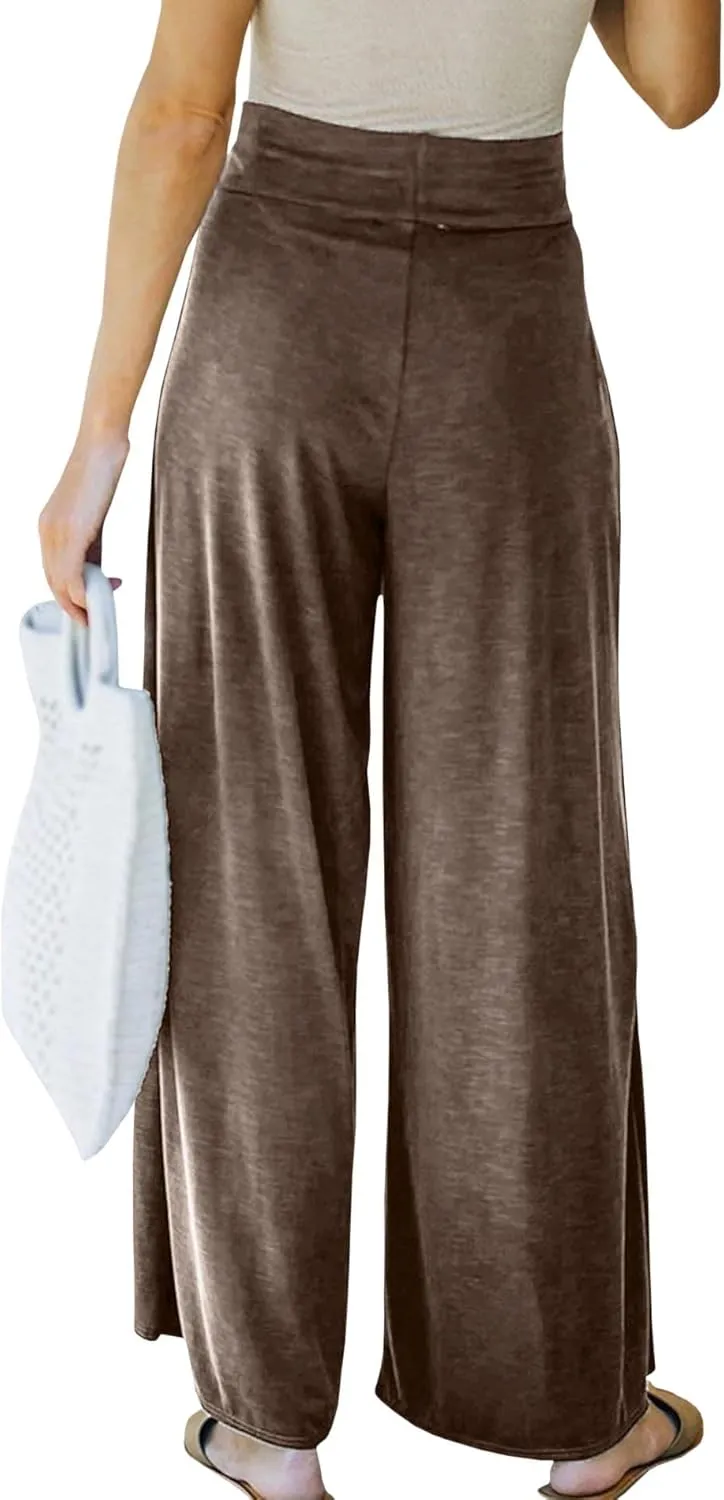 SEMATOMALA Women's Tie Knot High Waist Split Palazzo Pants Wide Leg Flowy Boho Plain Yoga Lounge Beach Vacation Trousers