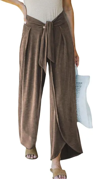 SEMATOMALA Women's Tie Knot High Waist Split Palazzo Pants Wide Leg Flowy Boho Plain Yoga Lounge Beach Vacation Trousers
