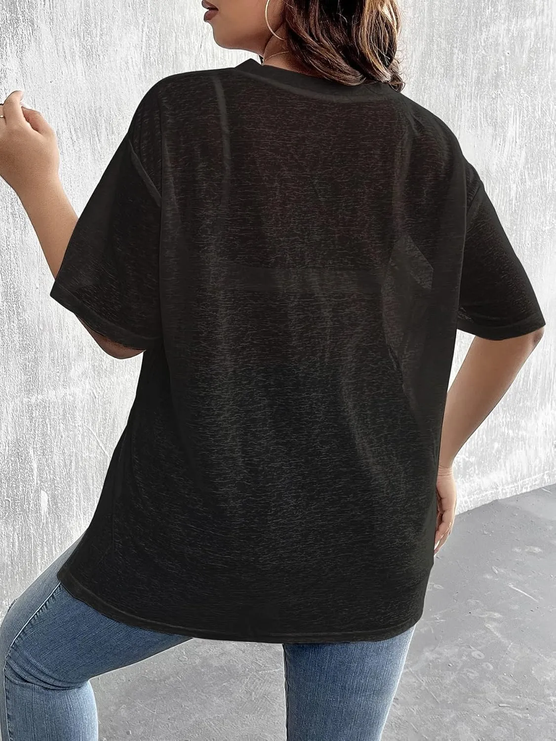 SHENHE Women's Plus Size Sheer Mesh V Neck Half Sleeve Drop Shoulder Split Hem Tee Top