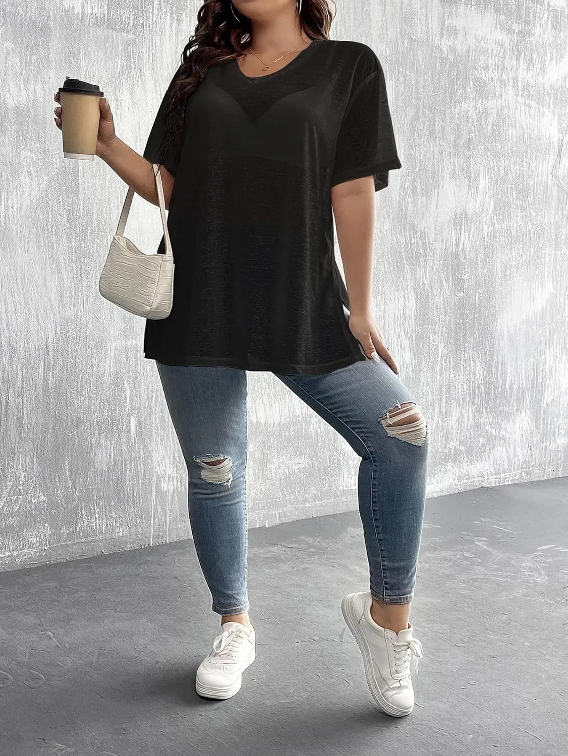 SHENHE Women's Plus Size Sheer Mesh V Neck Half Sleeve Drop Shoulder Split Hem Tee Top
