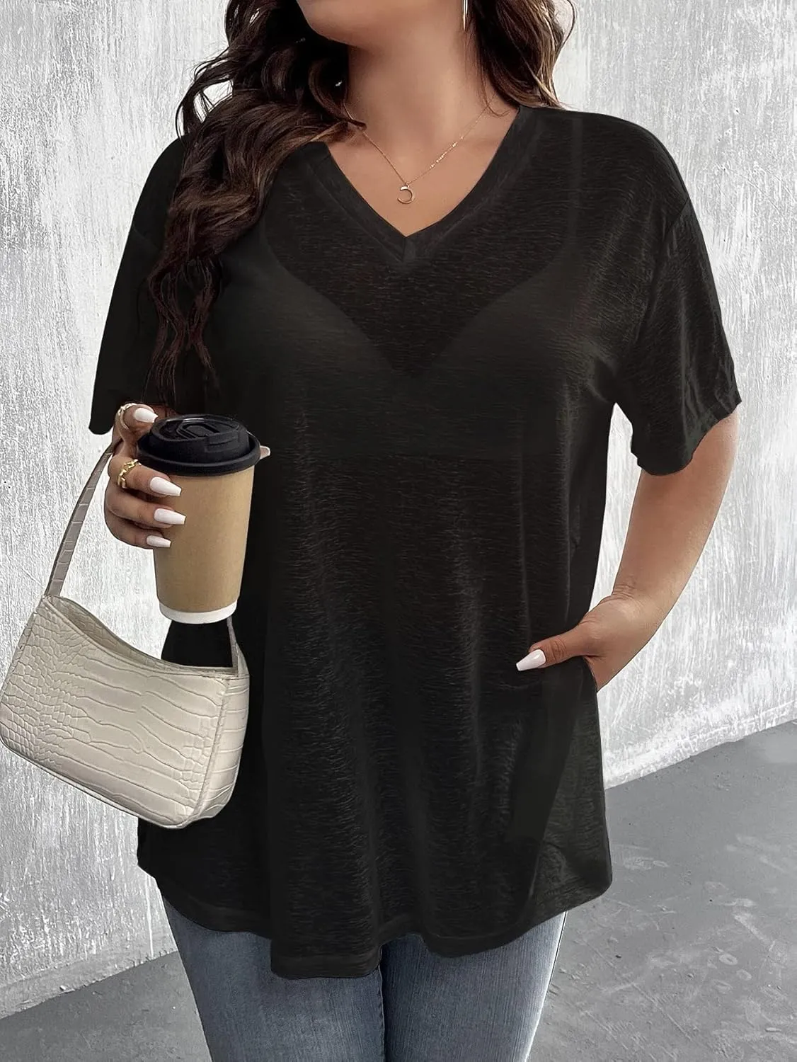 SHENHE Women's Plus Size Sheer Mesh V Neck Half Sleeve Drop Shoulder Split Hem Tee Top
