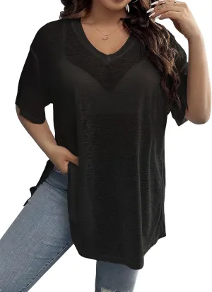 SHENHE Women's Plus Size Sheer Mesh V Neck Half Sleeve Drop Shoulder Split Hem Tee Top