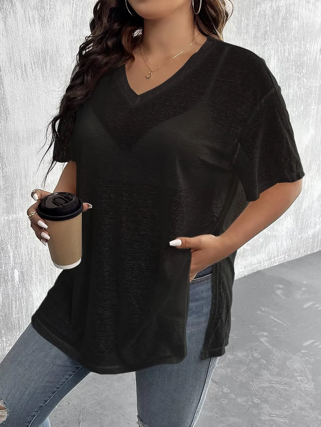 SHENHE Women's Plus Size Sheer Mesh V Neck Half Sleeve Drop Shoulder Split Hem Tee Top