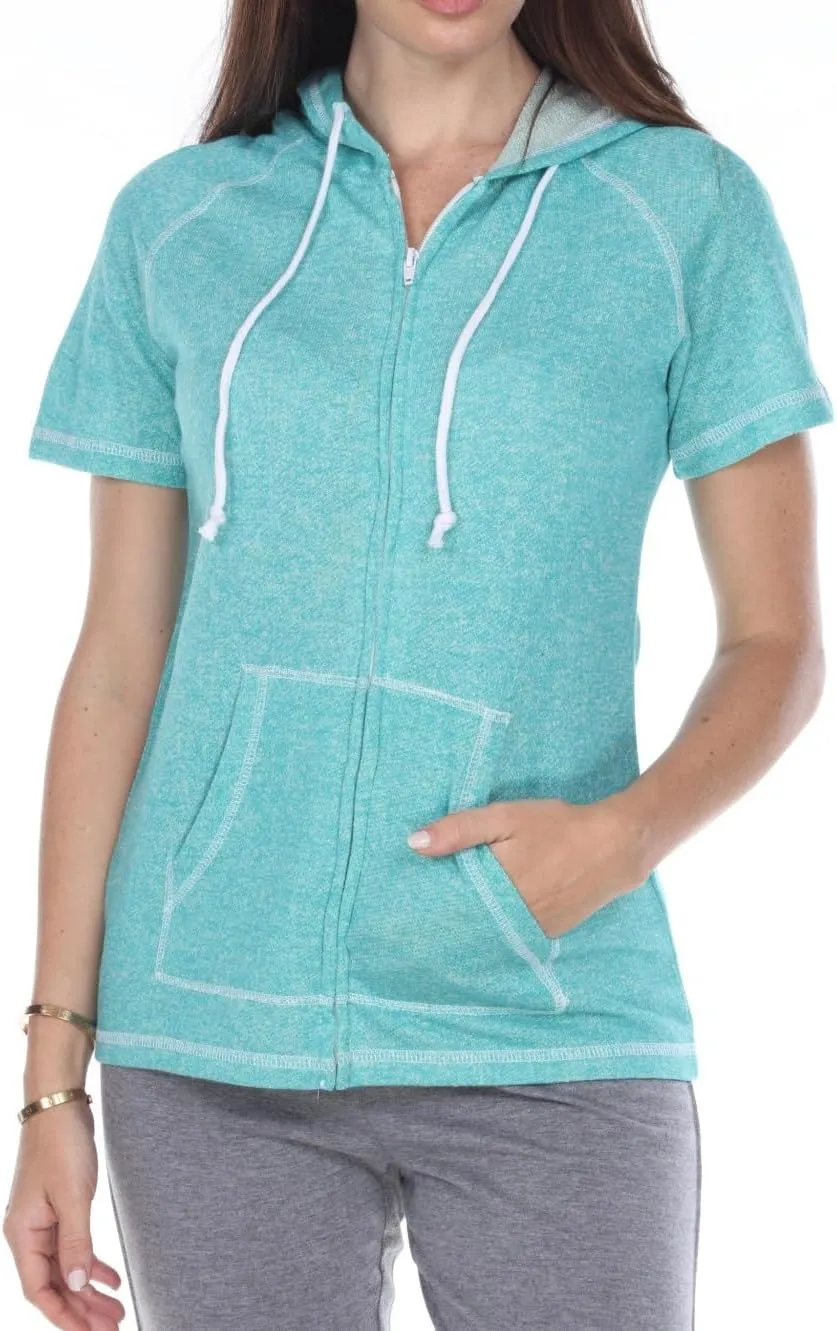 Short Sleeve Zip Hoodie Women Cotton Blend Hoodie Zip Up Pocket Short Sleeve JacketComfortable for Everyday Wear