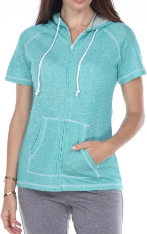 Short Sleeve Zip Hoodie Women Cotton Blend Hoodie Zip Up Pocket Short Sleeve JacketComfortable for Everyday Wear