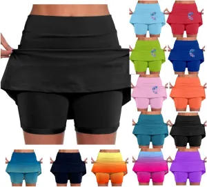 Skirt with Shorts Underneath, Women Elastic Yoga Skirts Solid Color Lightweight Tummy Control Athletic Tennis Shorts