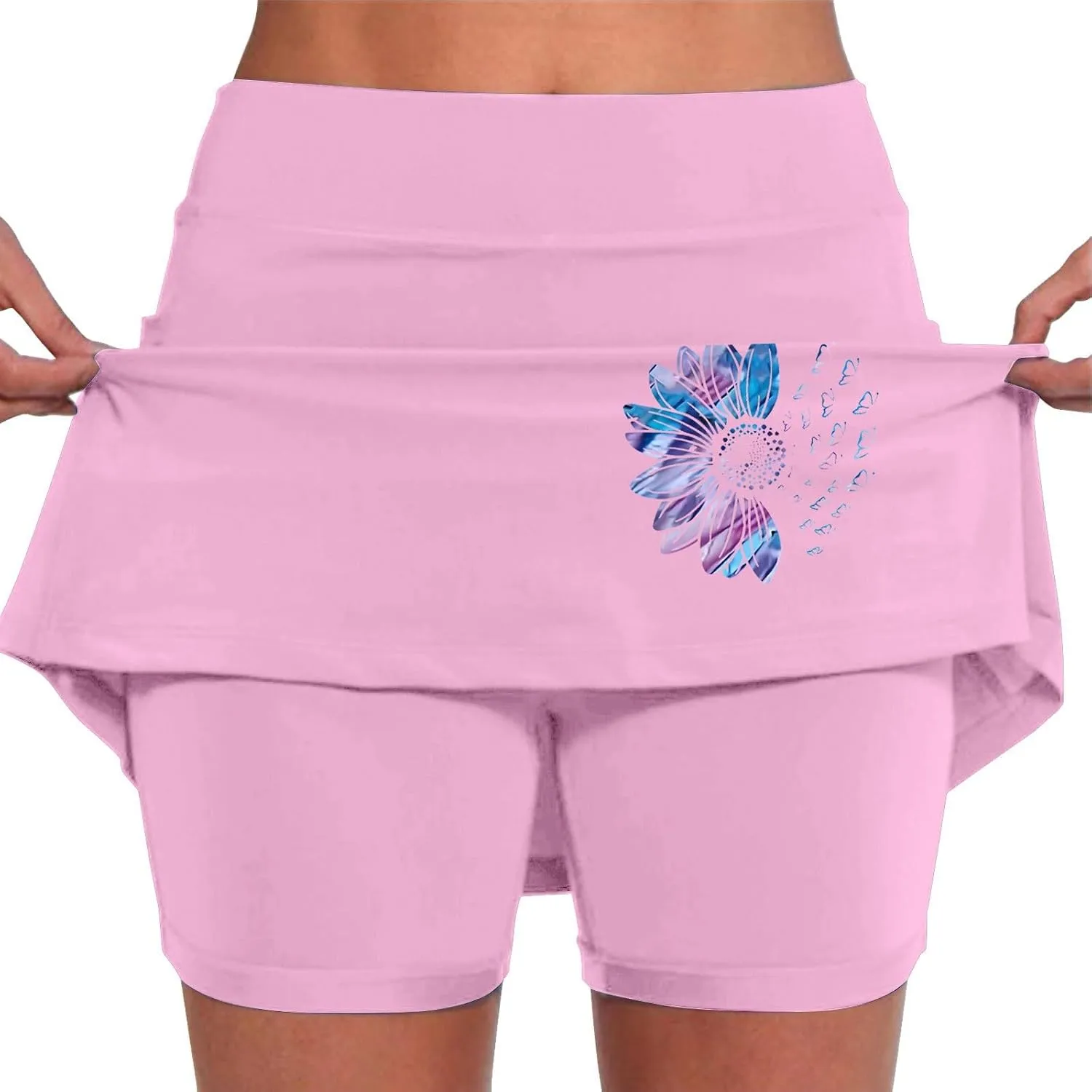 Skirt with Shorts Underneath, Women Elastic Yoga Skirts Solid Color Lightweight Tummy Control Athletic Tennis Shorts