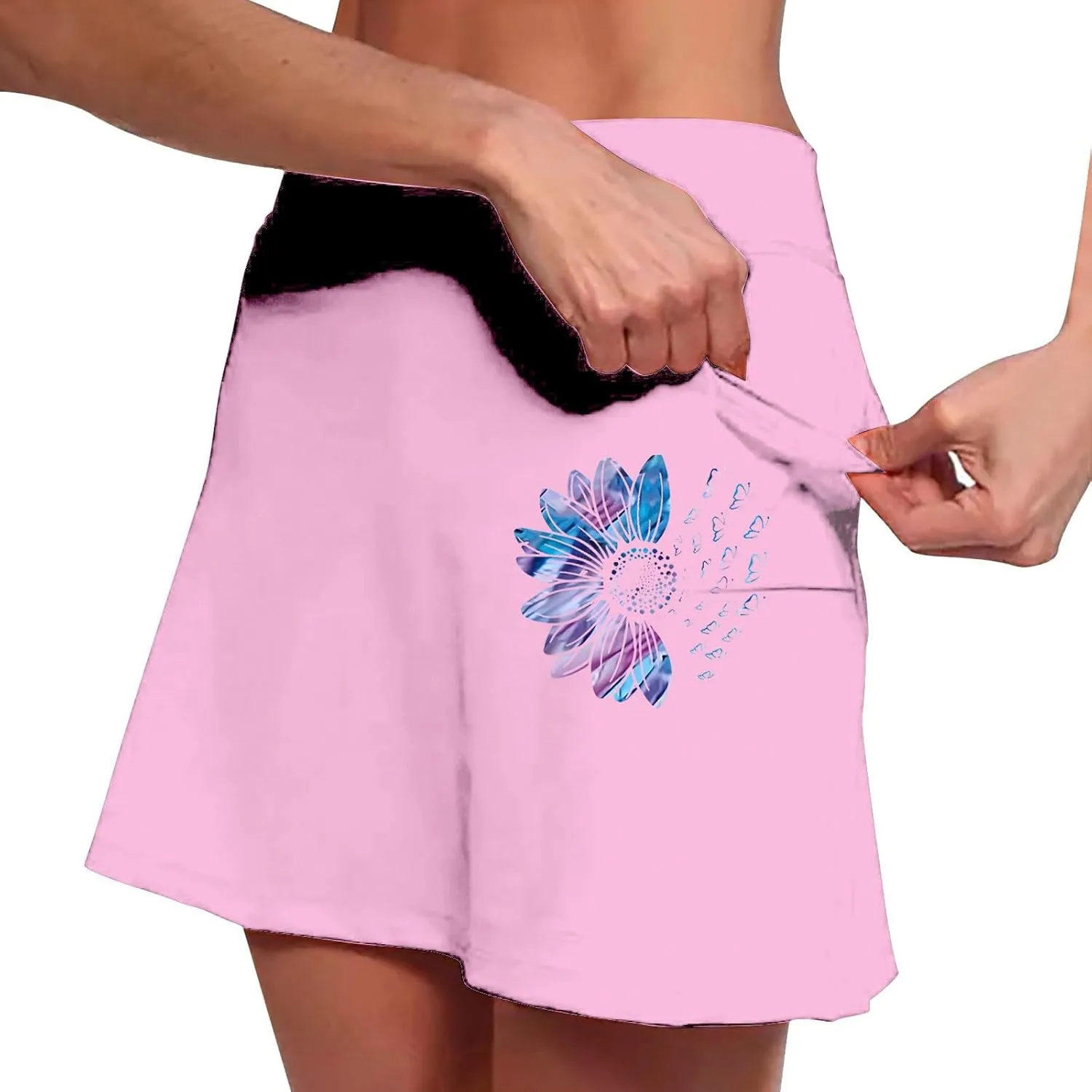 Skirt with Shorts Underneath, Women Elastic Yoga Skirts Solid Color Lightweight Tummy Control Athletic Tennis Shorts