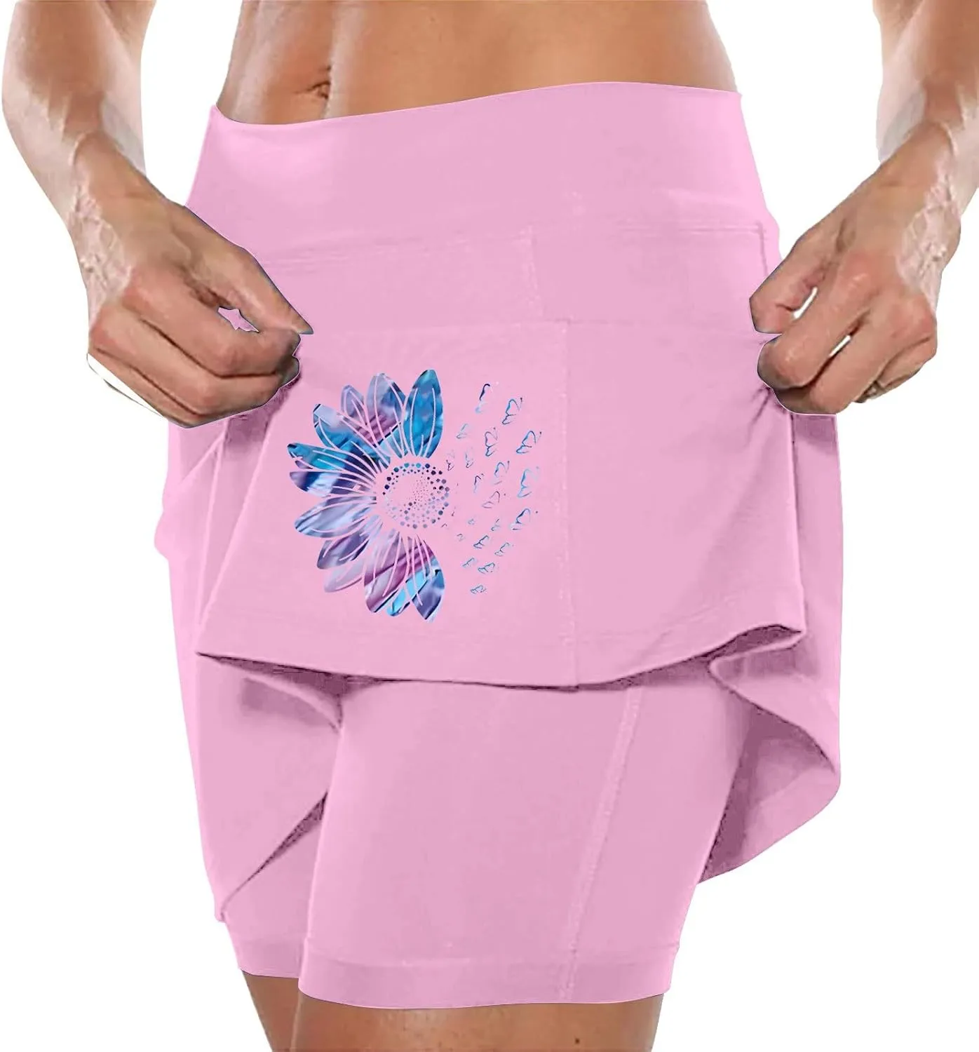 Skirt with Shorts Underneath, Women Elastic Yoga Skirts Solid Color Lightweight Tummy Control Athletic Tennis Shorts