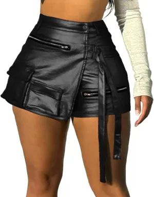 Skorts for Woman Metallic Faux Leather High Waisted Shorts Cargo Shiny Summer Sexy Asymmetrical Skirt Shorts
