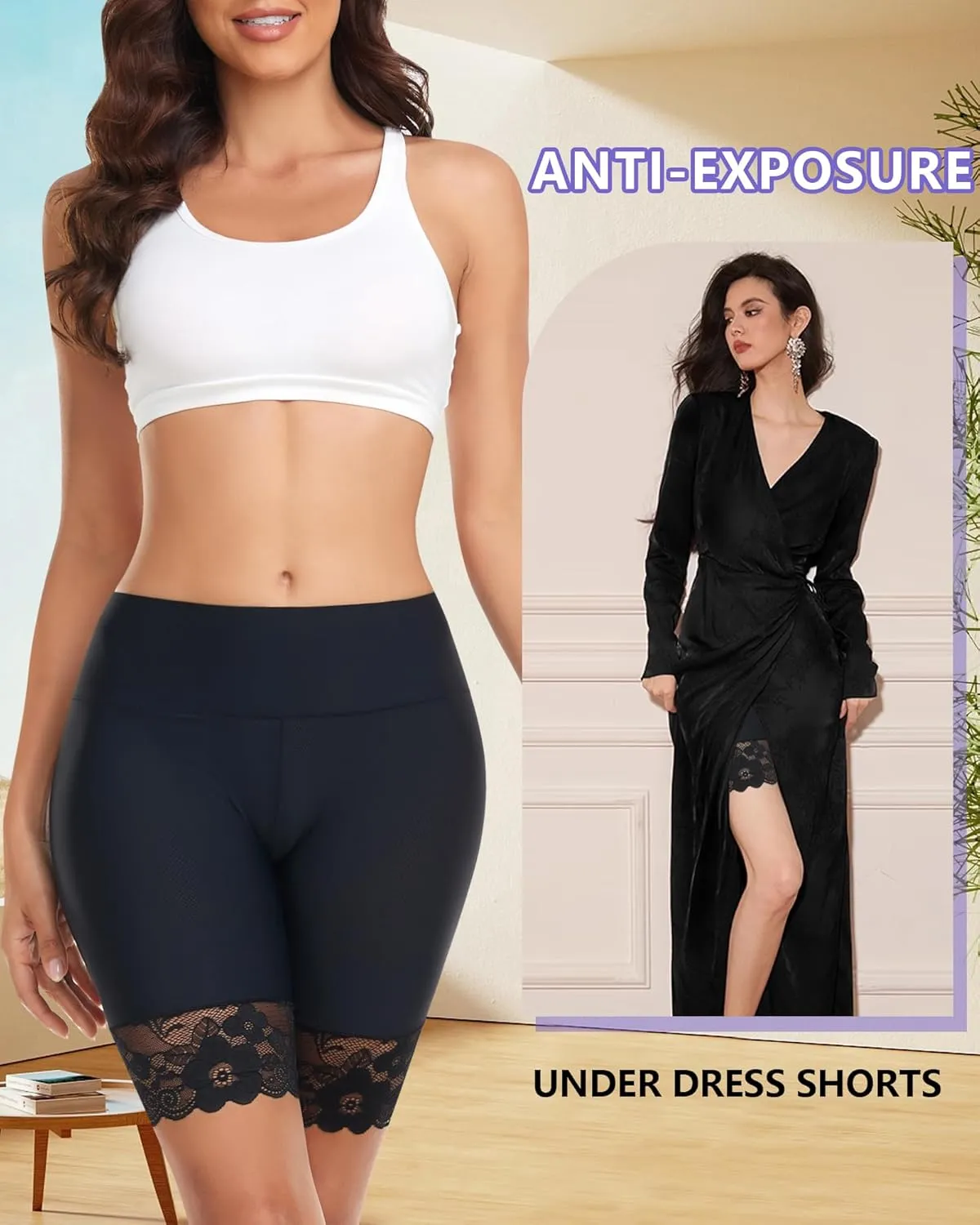 Slip Shorts for Under Dresses and Skirts Mesh Women Anti Chafing Underwear High Waisted Panties Lace Under Shorts