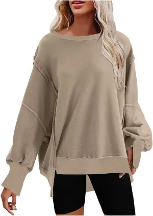 SMIDOW Womens Oversized Crewneck Sweatshirts Loose Fit Solid Color Corded Pullover Tops Fall Fashion Comfort Clothes