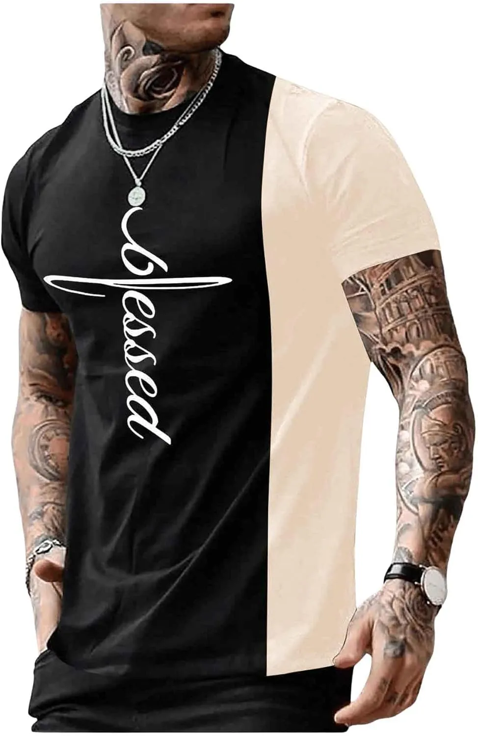 SOLY HUX Men's Color Block Letter Graphic Tops Short Sleeve T Shirt Summer Tee Top
