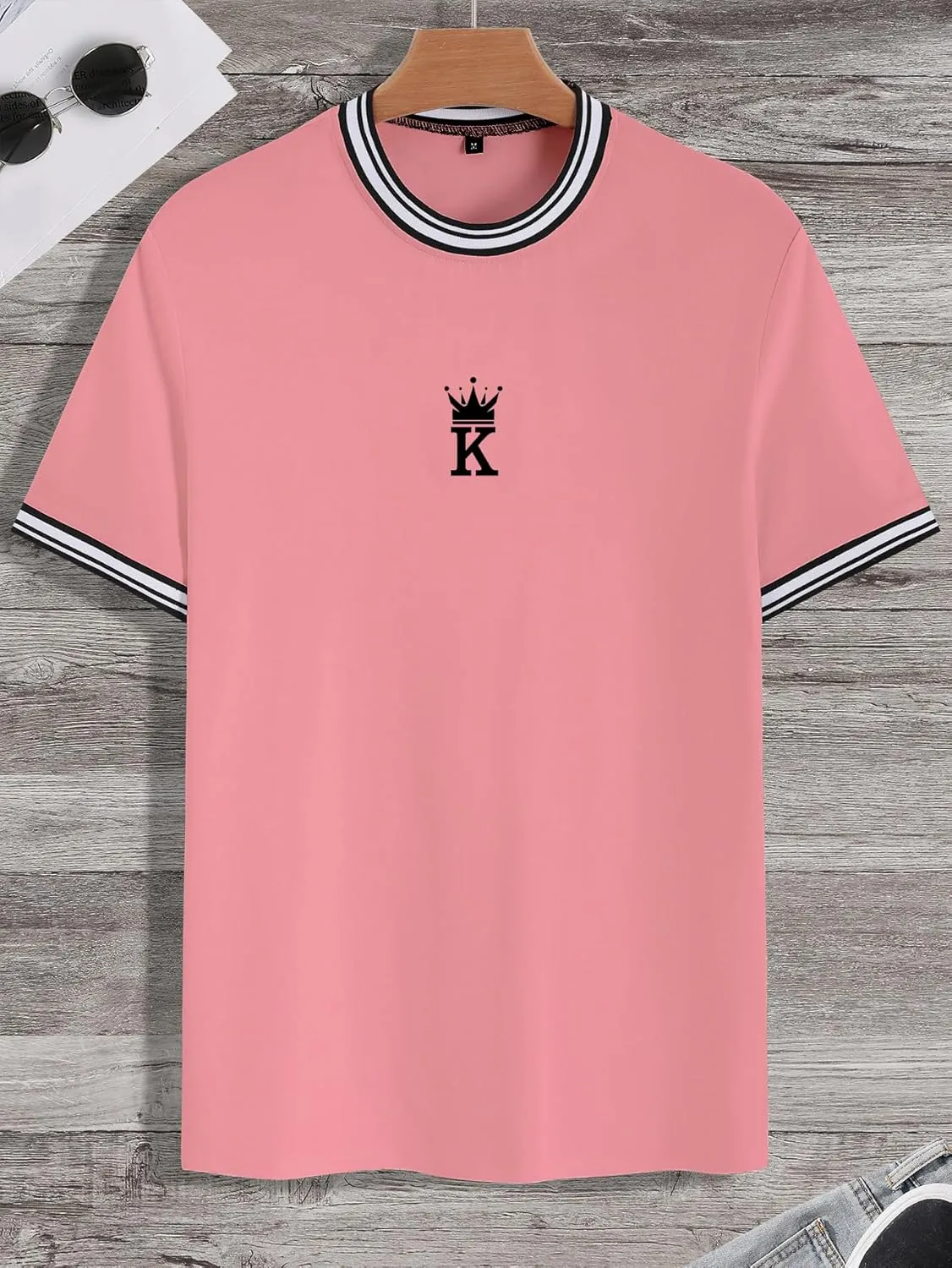 SOLY HUX Men's Crown Letter Print Striped Trim Tee Tops Short Sleeve Crew Neck Summer T Shirt