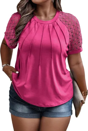 SOLY HUX Women's Plus Size Contrast Lace Short Sleeve Tee Round Neck Summer T Shirt Tops