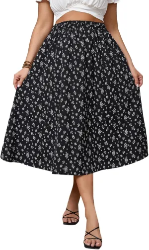 SOLY HUX Women's Plus Size Vintage High Waist A Line Flared Midi Skirt Floral Print Casual Long Skirts