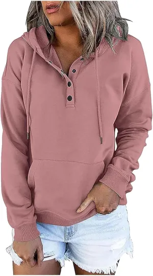 Stessotudo Womens Hoodies Casual Long Sleeve Solid Sweatshirts Buttons Drawstring Athletic Pullover Hooded Tops with Pocket