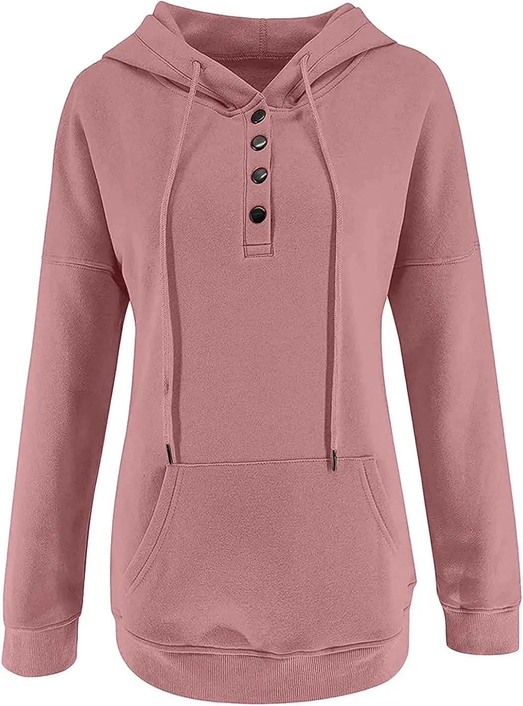 Stessotudo Womens Hoodies Casual Long Sleeve Solid Sweatshirts Buttons Drawstring Athletic Pullover Hooded Tops with Pocket