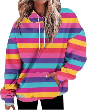 Striped Hoodie for Women Sweatshirt Long Sleeve Pullover Drawstring Hoodie Front Pocket Fall Streetwear Athleisure