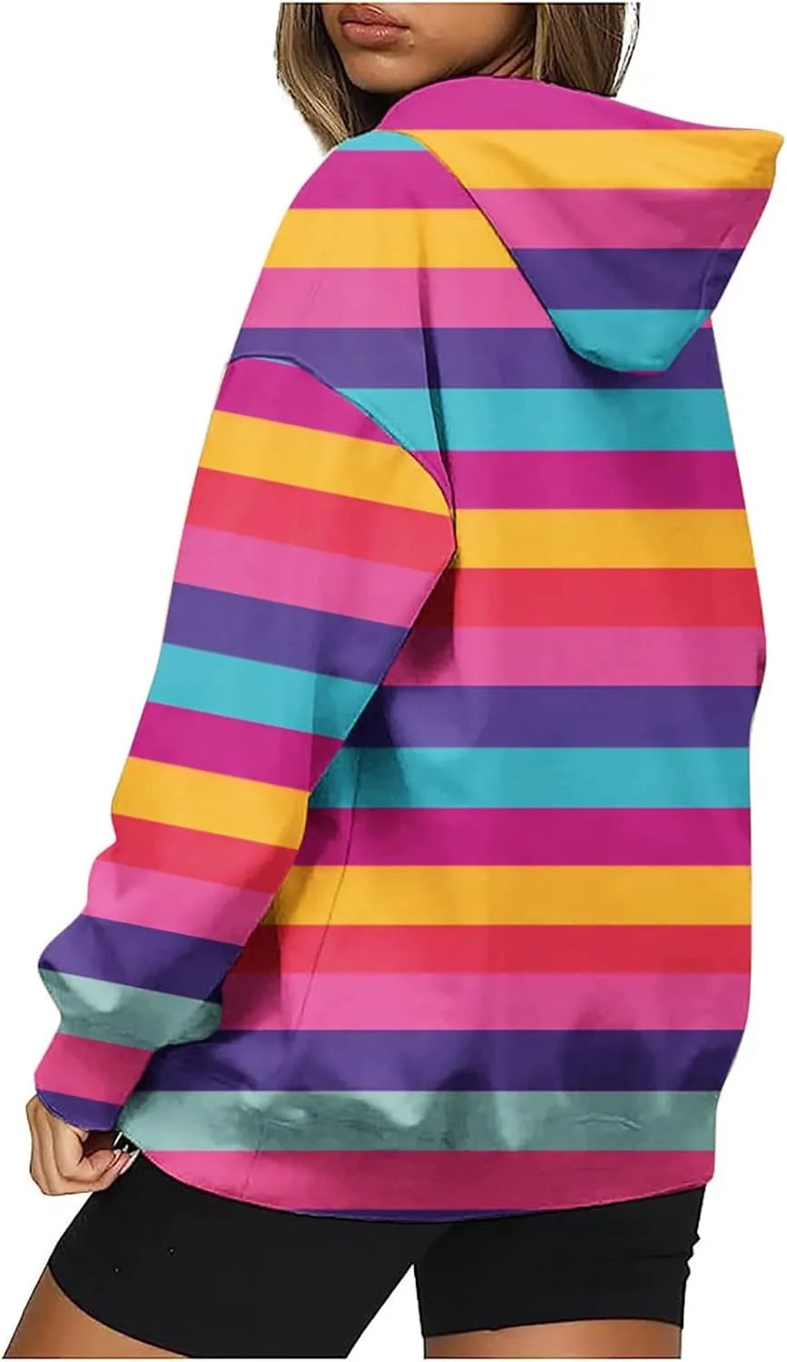 Striped Hoodie for Women Sweatshirt Long Sleeve Pullover Drawstring Hoodie Front Pocket Fall Streetwear Athleisure