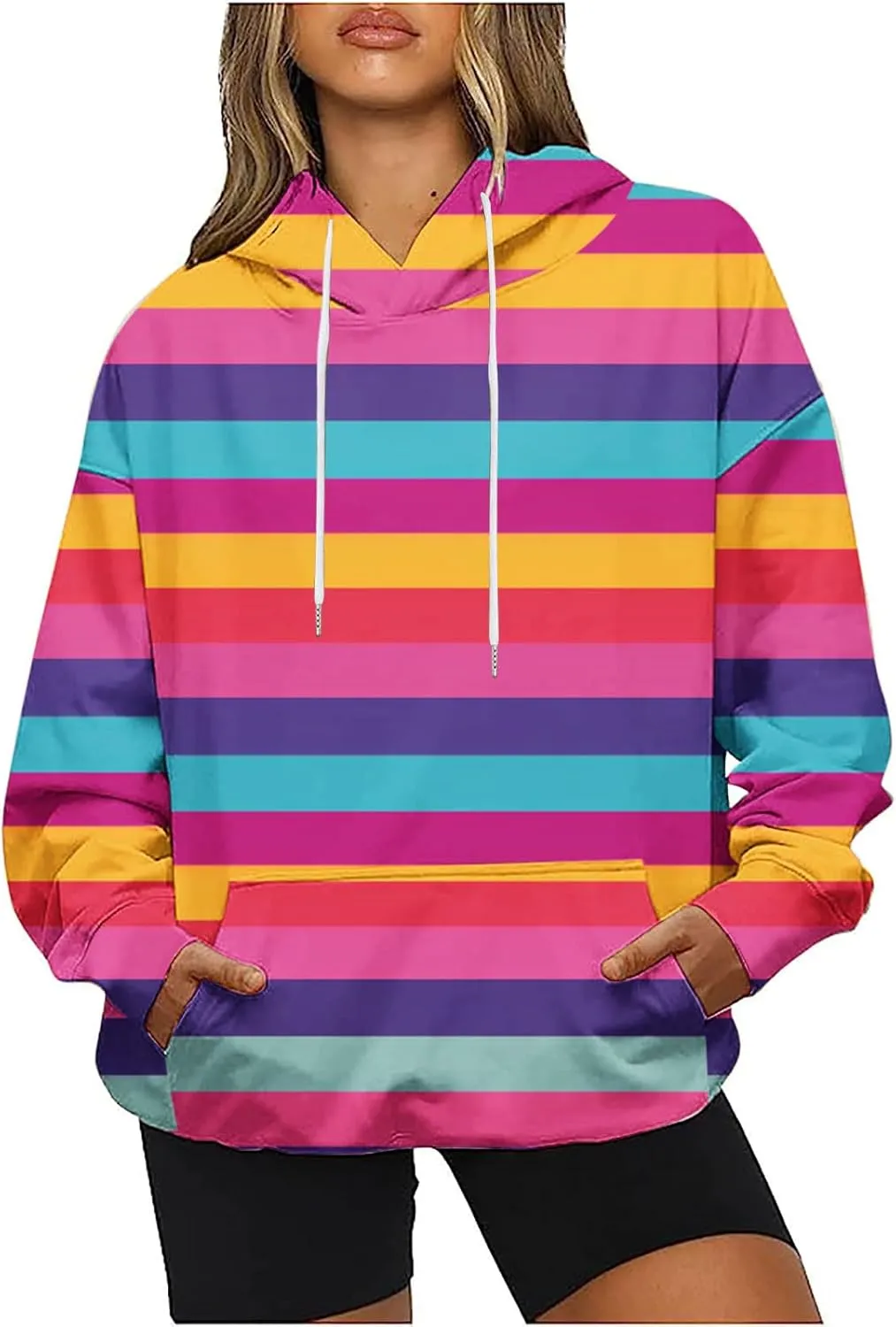 Striped Hoodie for Women Sweatshirt Long Sleeve Pullover Drawstring Hoodie Front Pocket Fall Streetwear Athleisure