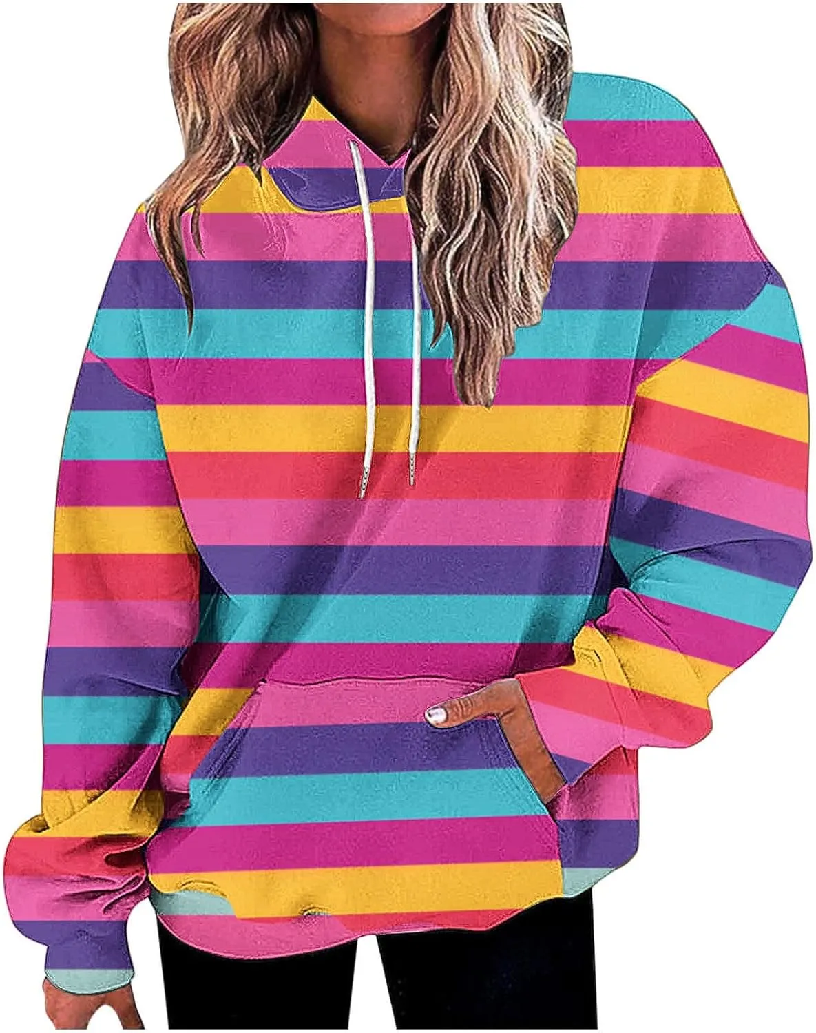 Striped Hoodie for Women Sweatshirt Long Sleeve Pullover Drawstring Hoodie Front Pocket Fall Streetwear Athleisure