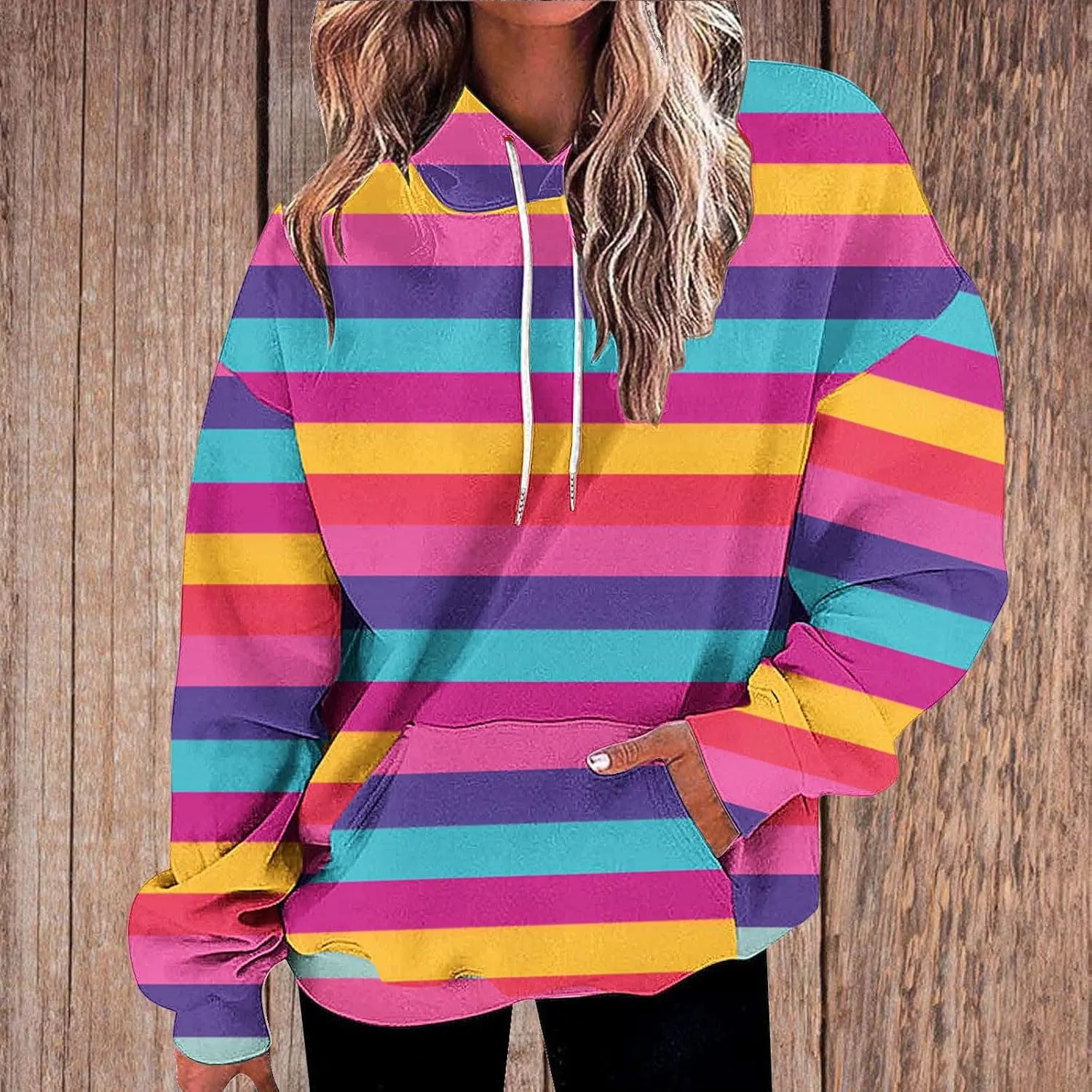 Striped Hoodie for Women Sweatshirt Long Sleeve Pullover Drawstring Hoodie Front Pocket Fall Streetwear Athleisure