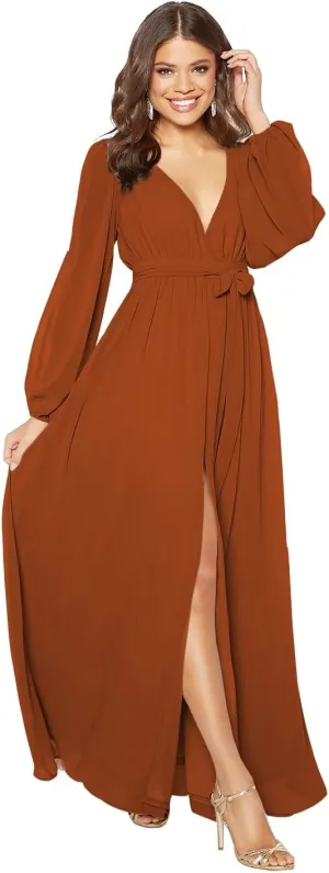 Stylefun Long Sleeve Chiffon Spilt Bridesmaid Dresses V-Neck Pleated Formal Evening Gowns with Belt CYM042