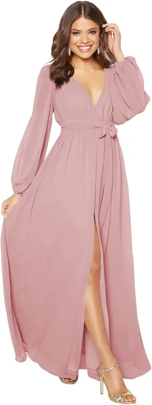 Stylefun Long Sleeve Chiffon Spilt Bridesmaid Dresses V-Neck Pleated Formal Evening Gowns with Belt CYM042