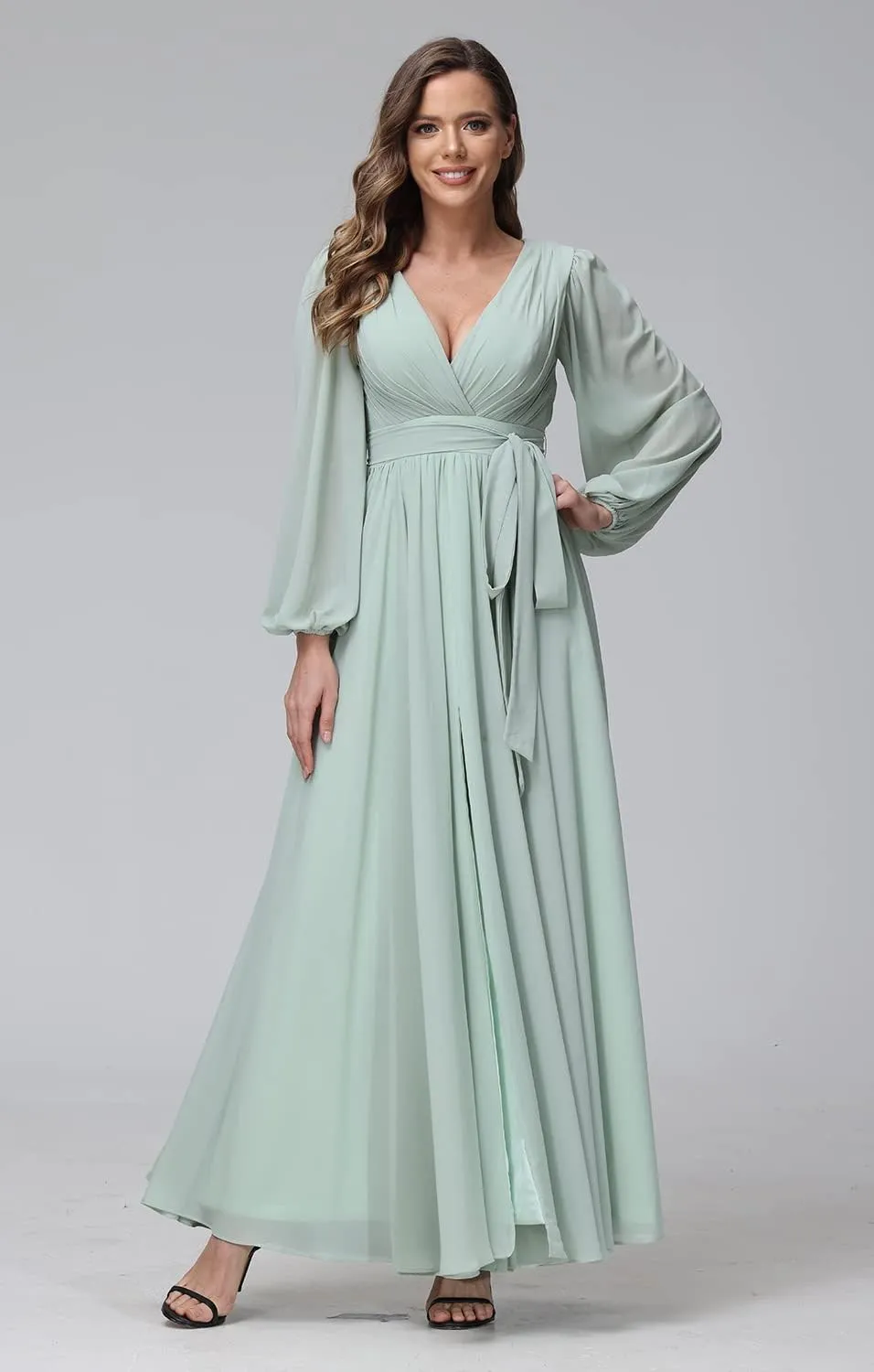 Stylefun Long Sleeve Chiffon Spilt Bridesmaid Dresses V-Neck Pleated Formal Evening Gowns with Belt CYM042
