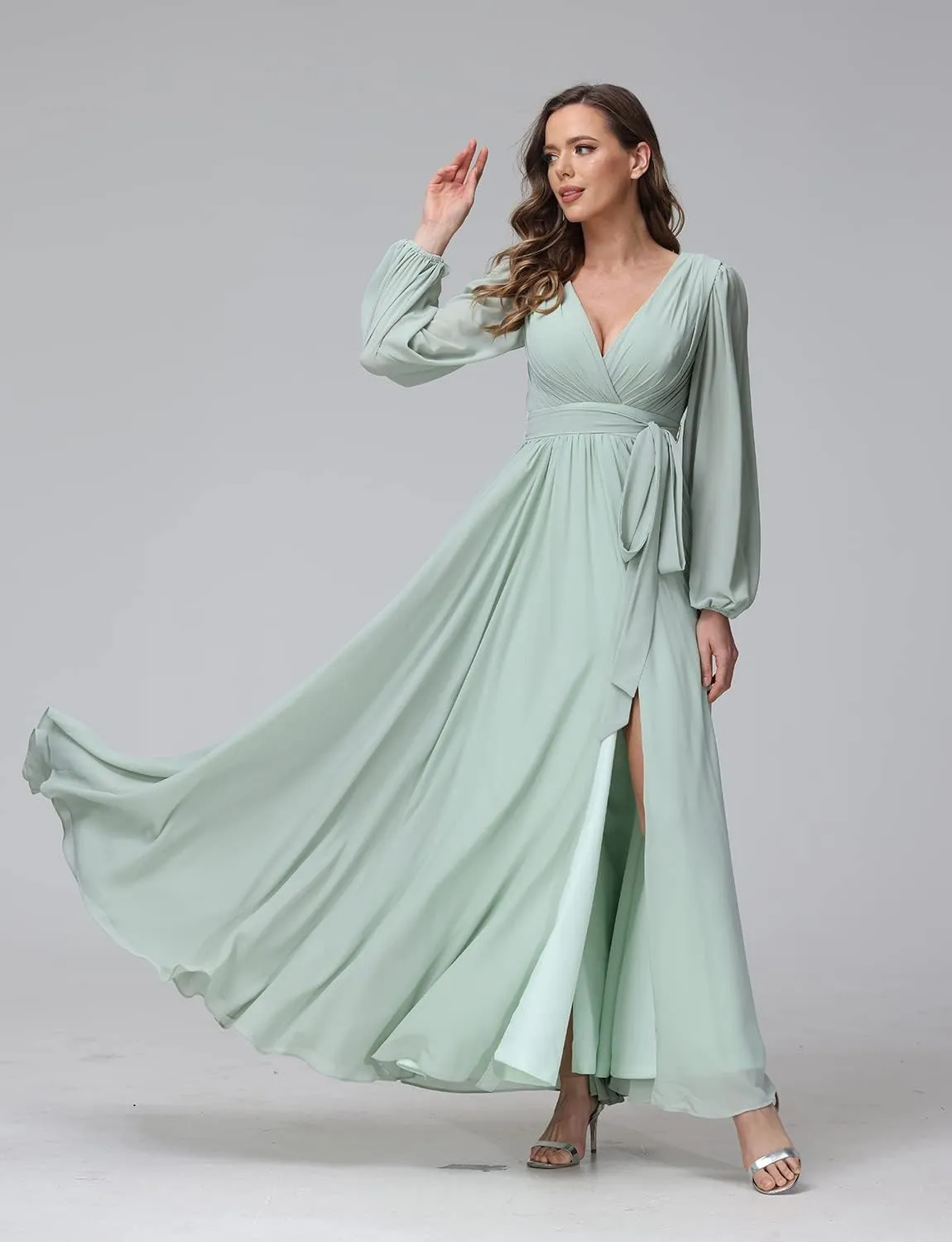 Stylefun Long Sleeve Chiffon Spilt Bridesmaid Dresses V-Neck Pleated Formal Evening Gowns with Belt CYM042