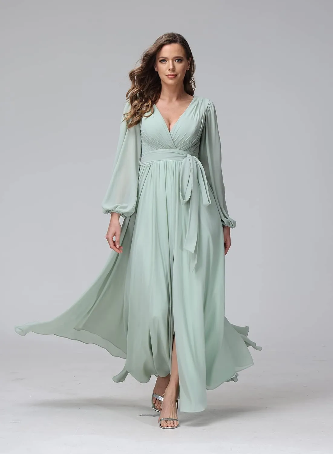 Stylefun Long Sleeve Chiffon Spilt Bridesmaid Dresses V-Neck Pleated Formal Evening Gowns with Belt CYM042