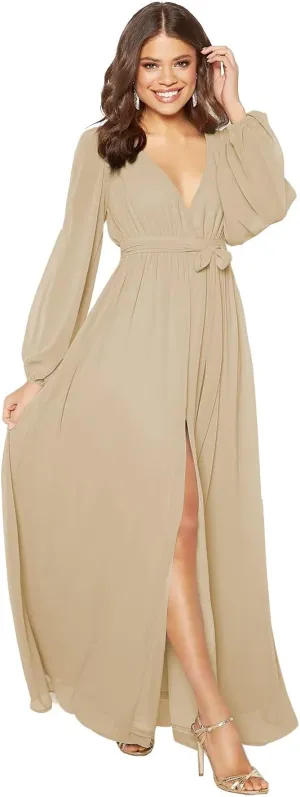 Stylefun Long Sleeve Chiffon Spilt Bridesmaid Dresses V-Neck Pleated Formal Evening Gowns with Belt CYM042