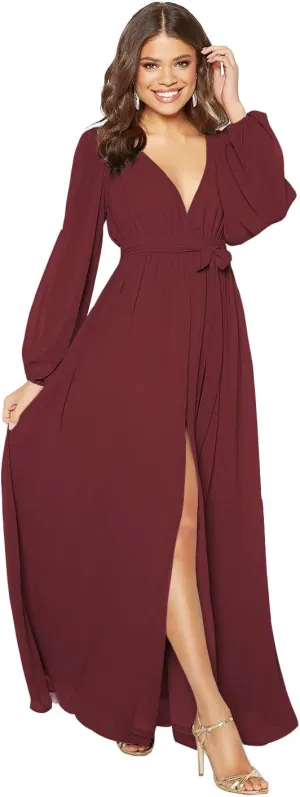 Stylefun Long Sleeve Chiffon Spilt Bridesmaid Dresses V-Neck Pleated Formal Evening Gowns with Belt CYM042