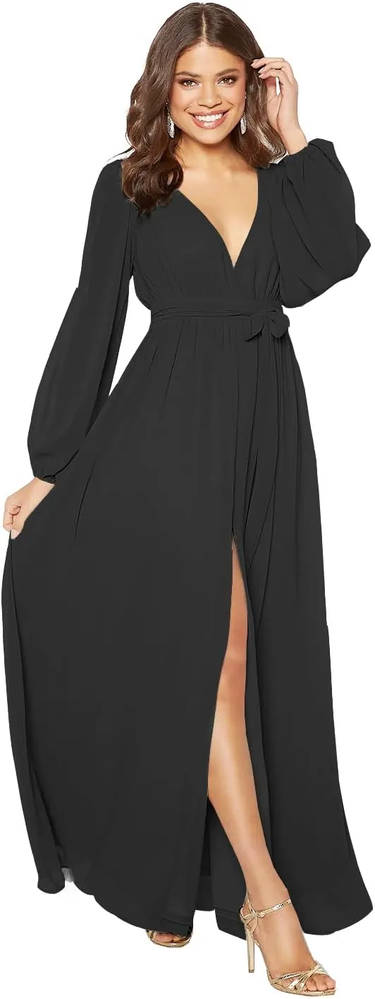 Stylefun Long Sleeve Chiffon Spilt Bridesmaid Dresses V-Neck Pleated Formal Evening Gowns with Belt CYM042