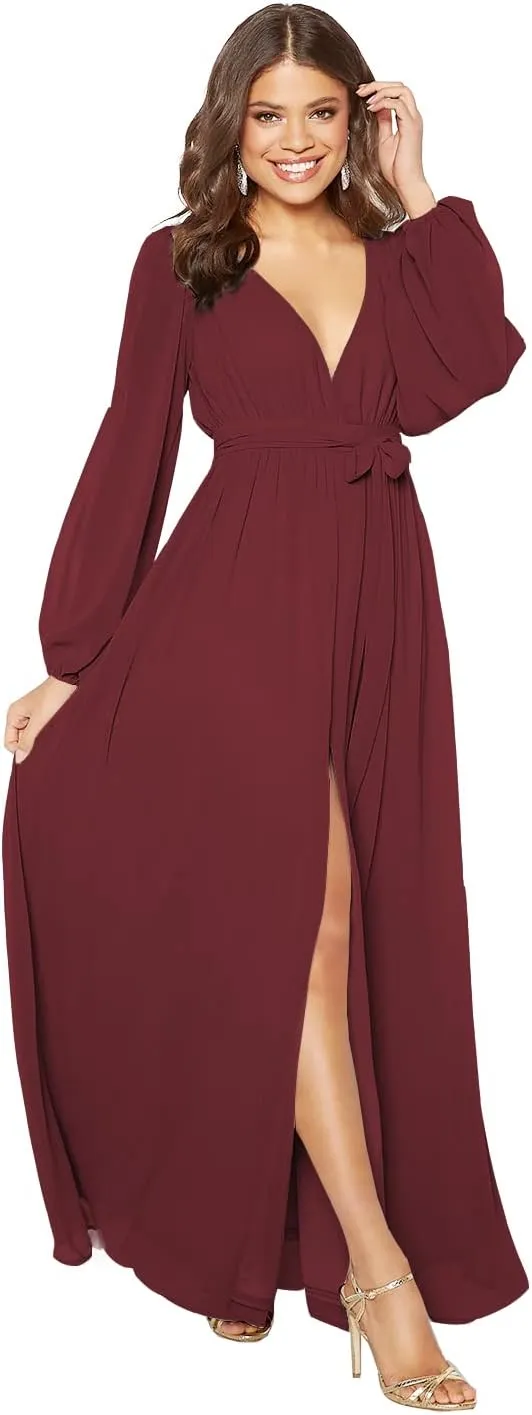 Stylefun Long Sleeve Chiffon Spilt Bridesmaid Dresses V-Neck Pleated Formal Evening Gowns with Belt CYM042