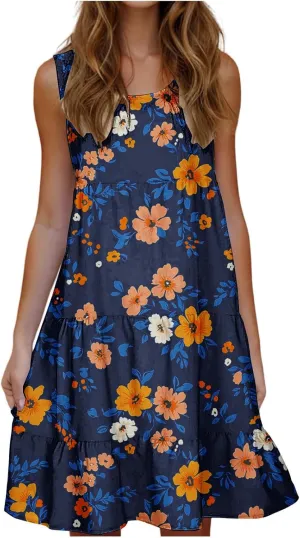 Summer Beach Dresses for Women Trendy Boho Floral Tank Dress Casual Ruffle Flowy Sundresses Vacation Outfits 2025