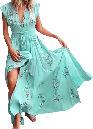 Summer Dresses for Women 2025 Boho Dress Cap Sleeve V Neck The Waist Maxi Dress Floral Elegant Wrap Sundress 2025