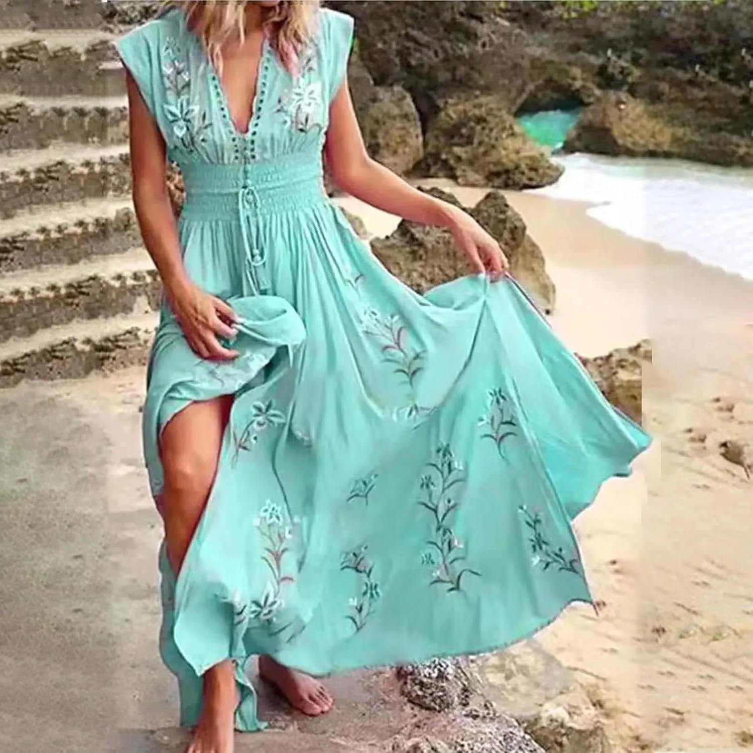 Summer Dresses for Women 2025 Boho Dress Cap Sleeve V Neck The Waist Maxi Dress Floral Elegant Wrap Sundress 2025