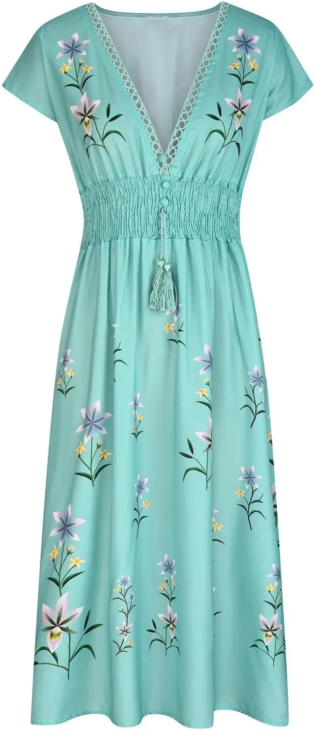 Summer Dresses for Women 2025 Boho Dress Cap Sleeve V Neck The Waist Maxi Dress Floral Elegant Wrap Sundress 2025