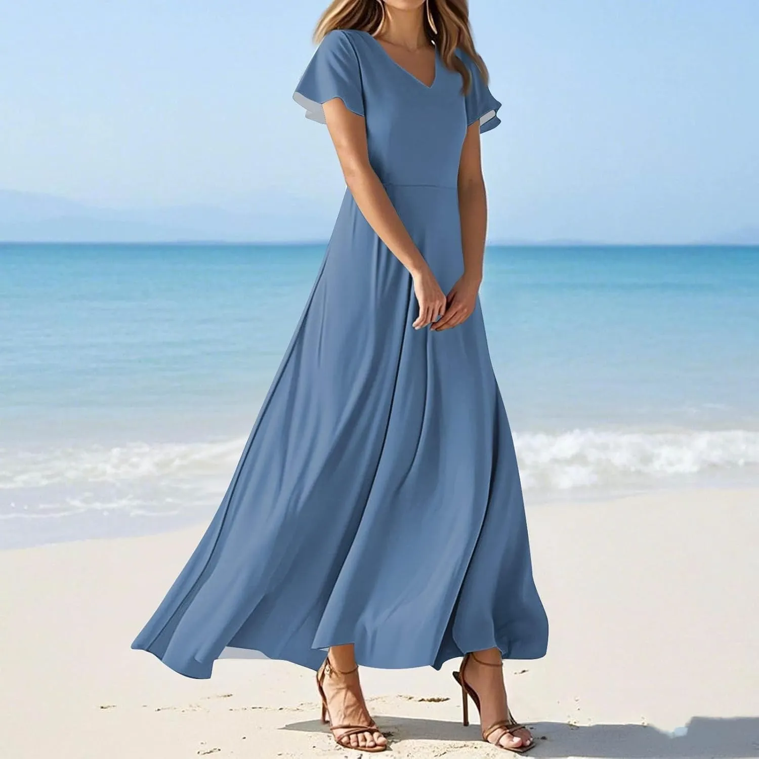 Summer Dresses for Women 2025 Fashion Short Sleeve Maxi Dress Flowy Elegant V Neck Beach Vacation Long Sundresses