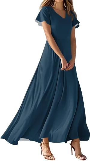 Summer Dresses for Women 2025 Fashion Short Sleeve Maxi Dress Flowy Elegant V Neck Beach Vacation Long Sundresses