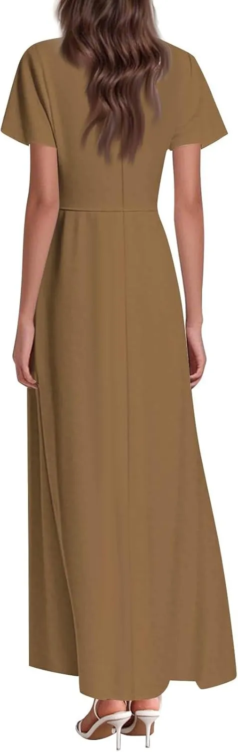 Summer Dresses for Women 2025 Fashion Short Sleeve Maxi Dress Flowy Elegant V Neck Beach Vacation Long Sundresses