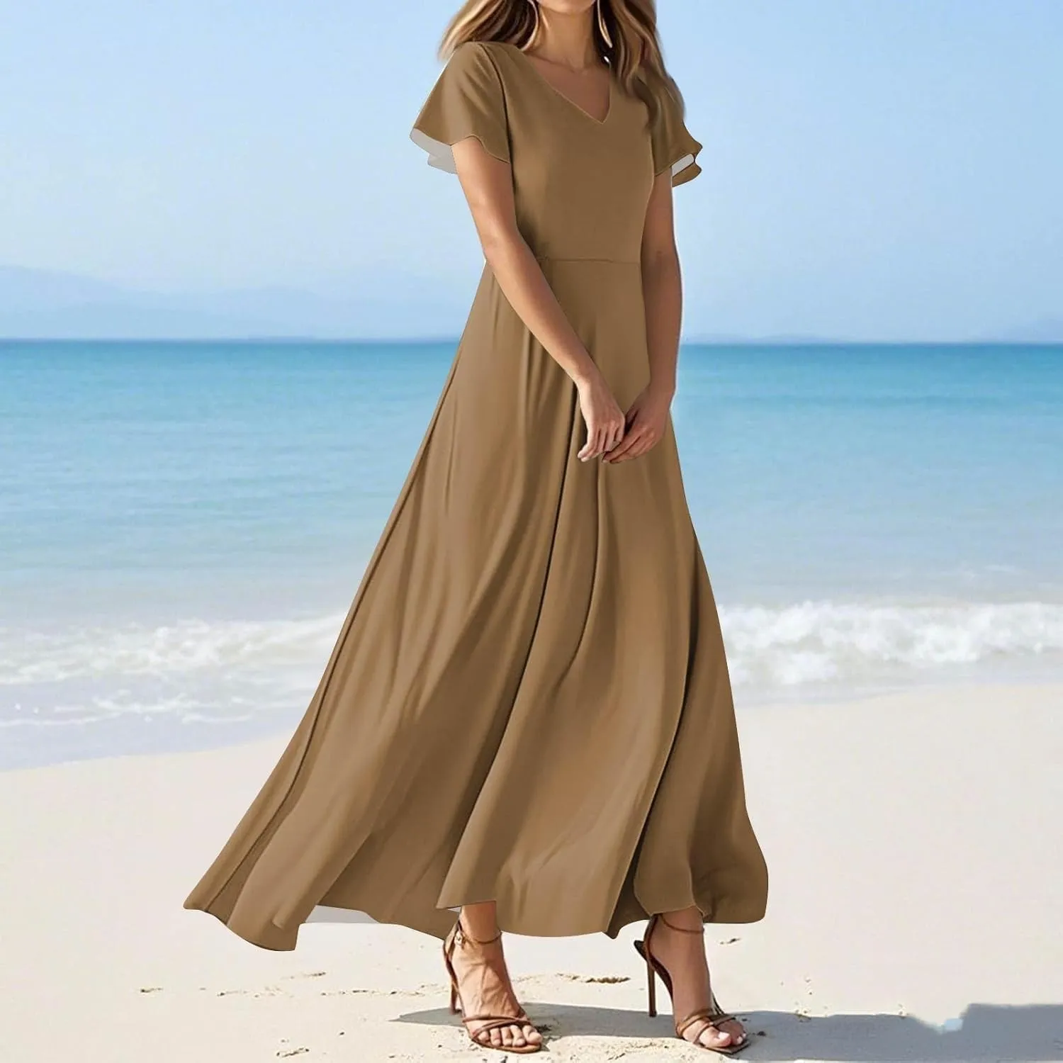 Summer Dresses for Women 2025 Fashion Short Sleeve Maxi Dress Flowy Elegant V Neck Beach Vacation Long Sundresses