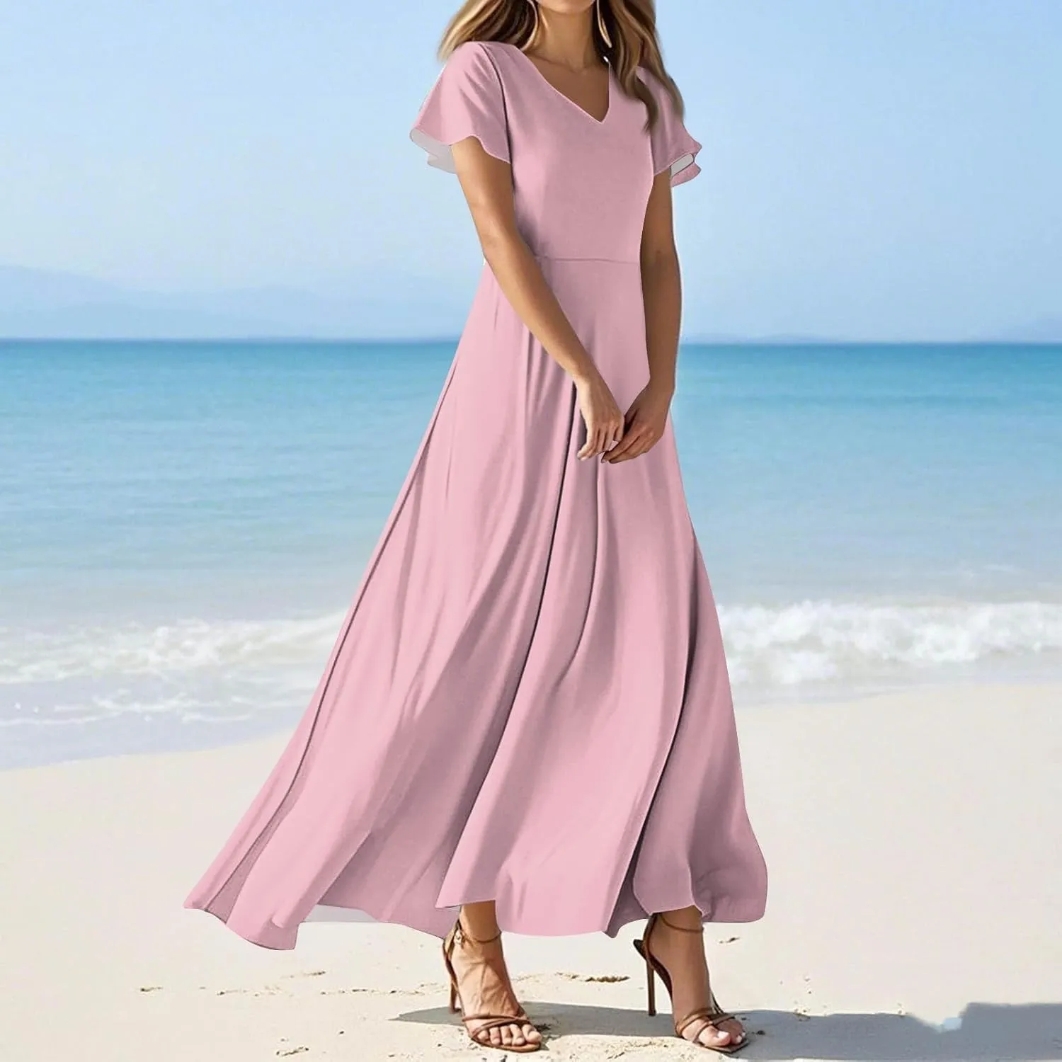 Summer Dresses for Women 2025 Fashion Short Sleeve Maxi Dress Flowy Elegant V Neck Beach Vacation Long Sundresses
