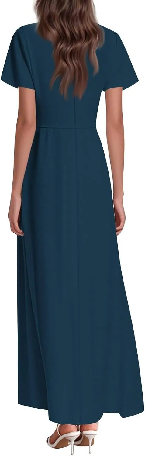 Summer Dresses for Women 2025 Fashion Short Sleeve Maxi Dress Flowy Elegant V Neck Beach Vacation Long Sundresses